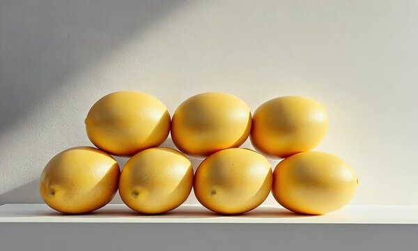 Seven Ripe Yellow Lemons Arranged on White Shelf Against Bright Background