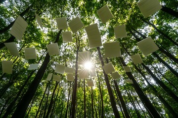 Sunlit Forest Installation: White Squares Suspended Among Trees