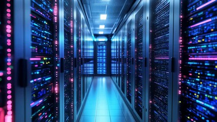 Futuristic data center with server racks and neon lights in corridor - Powered by Adobe