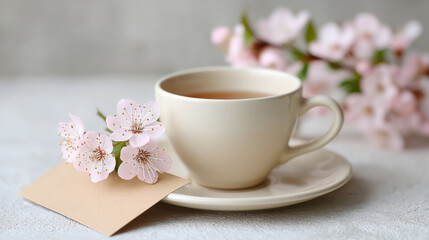 Teacup and gift card with blossoms in paper cut style for elegant spring design