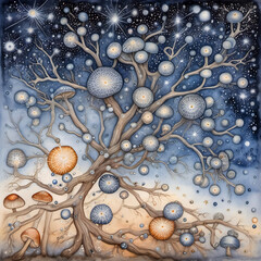 Sprawling fungal mycelium form constellations in an imagined sky. Dots, stars, and tiny spores act as navigational symbols, and the fungal strands create a branching, celestial web across the page.