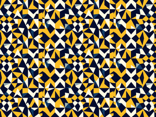 Abstract geometric pattern showcases a vibrant arrangement of yellow, navy blue, and white shapes, providing a dynamic visual texture for various design applications