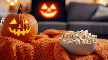 Cozy halloween movie night with jack o' lantern and popcorn ambiance