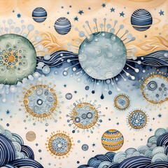 Soft geometric virus shapes drift like floating seeds across a patterned void. Their forms are stylized — crystalline yet floral — surrounded by orbits, waves, and dreamy ink detailing.