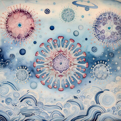 Soft geometric virus shapes drift like floating seeds across a patterned void. Their forms are stylized — crystalline yet floral — surrounded by orbits, waves, and dreamy ink detailing.