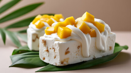 Refreshing frozen yogurt bar with melting mango chunks on leaf backdrop for dessert inspiration