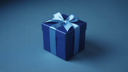 Obraz premium Single matte blue gift box with satin ribbon bow placed on a smooth blue background under realistic studio lighting with no visual noise