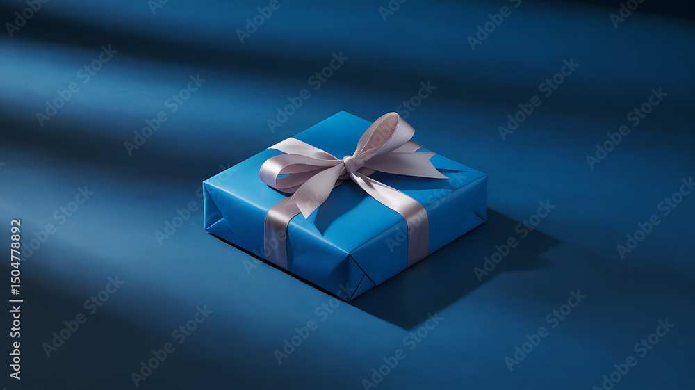 Poster elegant blue gift box with large glossy ribbon bow isolated on a monochrome backdrop in a clean and 