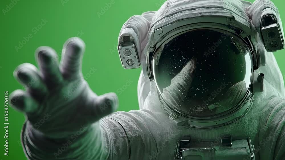 Poster astronaut in a spacesuit extends a hand towards the viewer against a vibrant green screen backdrop, 