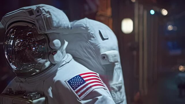 Professional astronaut wearing branded spacesuit floating inside international space station, navigating weightless environment with american flag patch visible on suit