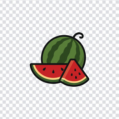Whole watermelon and two cut pieces illustration. Sweet, refreshing summer fruit graphic. Fresh, juicy, and healthy fruit vector for food and summer designs.