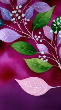 Elegant painted botanical background with leaves in pink, green, lavender, and small white berries on swirling burgundy backdrop
