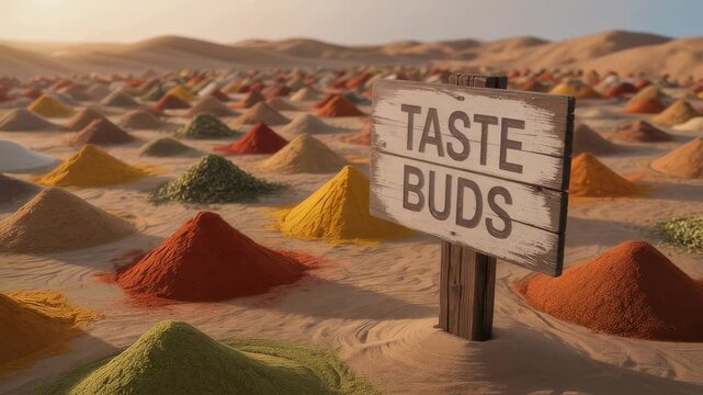 Colorful spices forming small mounds in desert landscape near weathered wooden sign, symbolizing sensory richness of culinary diversity