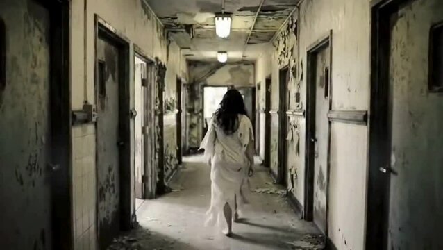A woman walks through an abandoned building.