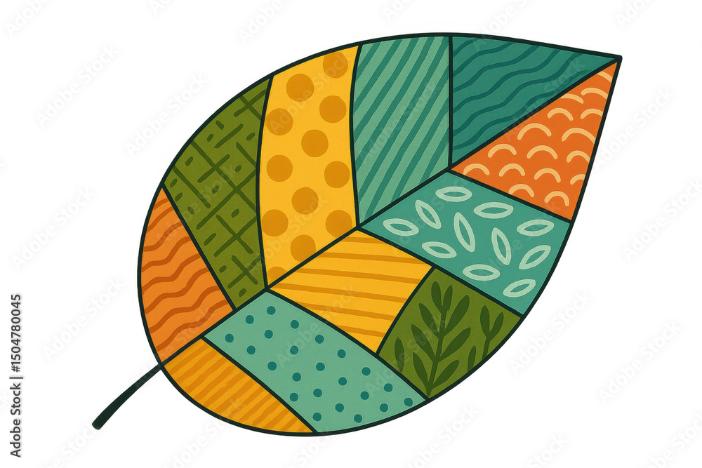 Poster patchwork autumn leaf with transparent background, featuring various patterns and textures, ideal fo