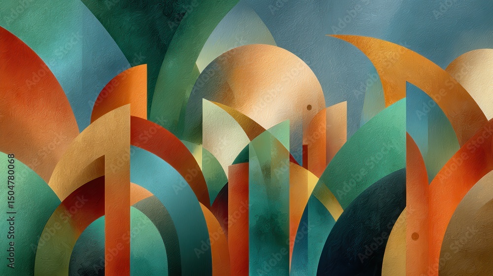 Poster intriguing composition of dynamic vibrant abstract shapes and geometric forms evoking a surreal arch
