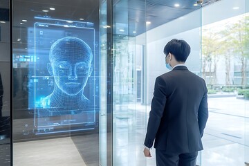 Businessman Facing Futuristic Facial Recognition Technology