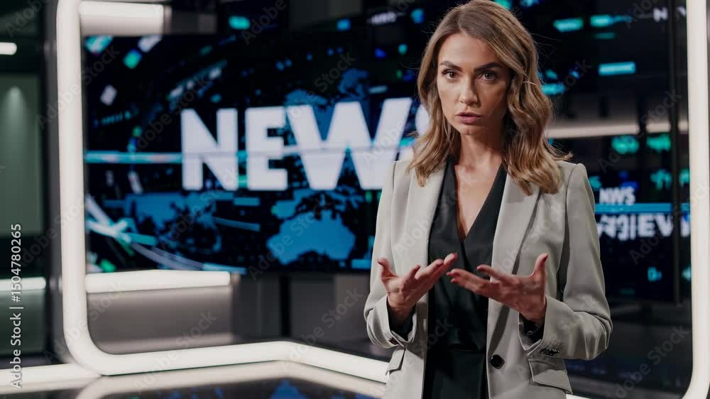 Poster a news anchor stands confidently in a modern studio. the medium shot captures her in front of a digi