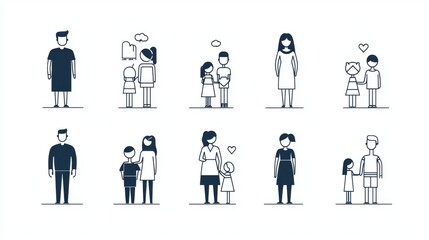 A set of simple icons depicting various family structures and interpersonal relationships showcasing diversity and inclusivity in household dynamics