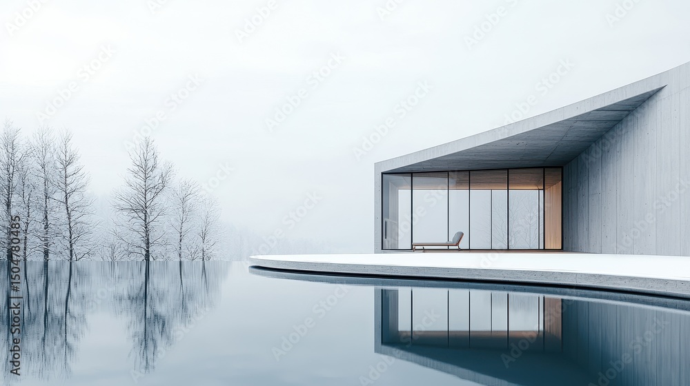 Poster a minimalist modern building with clean lines and large glass is elegantly reflected in the still wa
