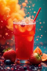 Fruit punch bursting, vivid red & orange hues, food, energy