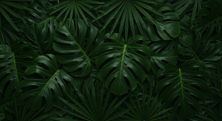 Lush tropical foliage featuring Monstera and palm leaves creates a dense, verdant background.