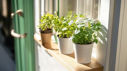 Fototapeta premium Sunlit window sill with potted herbs in bright morning light