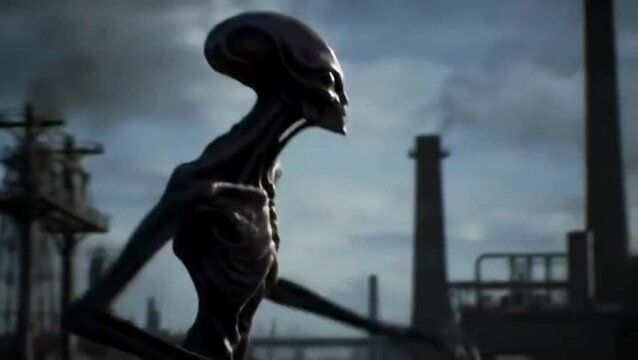 A gray alien is running through an abandoned place.
