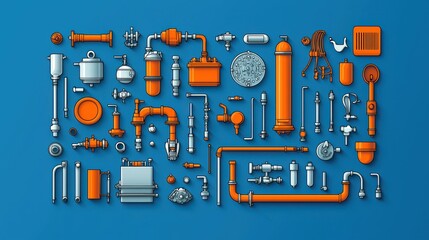 A comprehensive collection of plumbing and general hardware tools including wrenches pipes valves faucets screwdrivers drills hammers and other components neatly arranged on a vibrant blue background