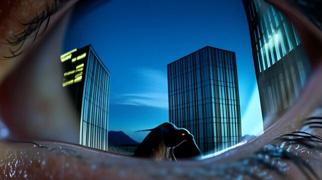 The reflection inside the eye changes dynamically, depicting different scenes: a panther walking in the jungle, skyscrapers, hotels and office buildings at night, and a bald eagle flying