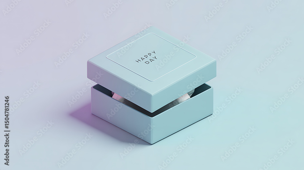 Poster stylized gift box in light blue tones sitting on a solid background with seamless gradient and soft 