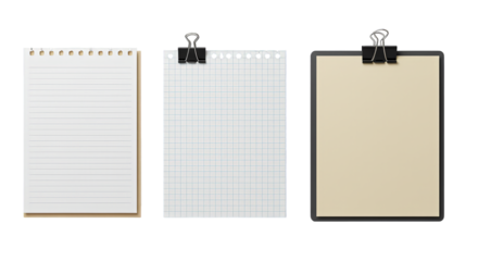 Arrangement of lined and grid paper with binder clip on black background, isolated stationery items