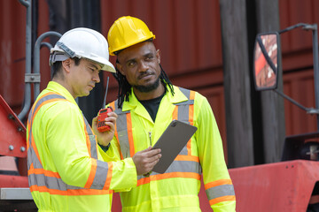 Dock workers man inspecting containers box at shipping container cargo, Engineer and foreman working in industry containers yard