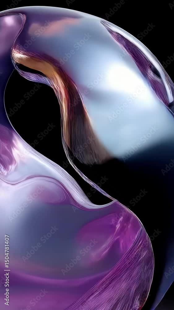 Poster abstract metallic shape with swirling textures and purple tones, creating a modern and fluid design 