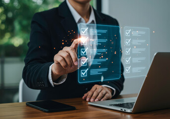 Business checklist digital technology concept with businessman and laptop and mobile phone