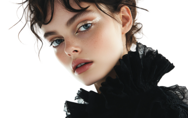 High fashion editorial portrait with bold ruffled collar and shimmering metallic eye makeup Isolated on Transparent Background PNG