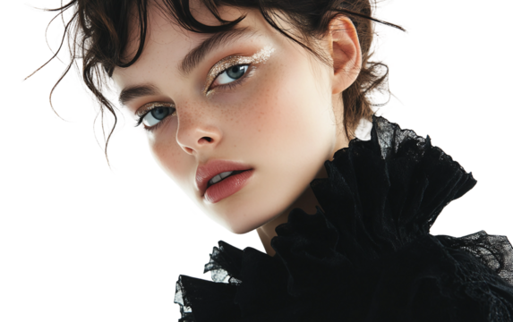 High fashion editorial portrait with bold ruffled collar and shimmering metallic eye makeup Isolated on Transparent Background PNG