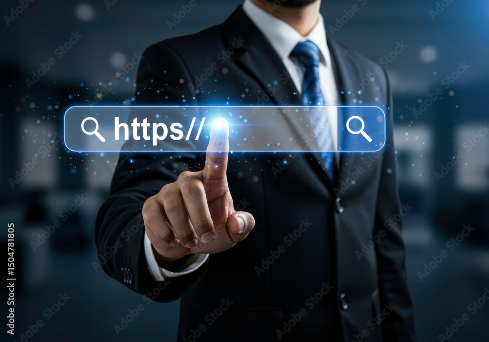 Poster businessman search bar https protocol internet connection online business technology concept web add