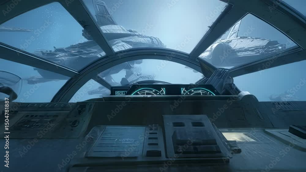 Poster futuristic spaceship cockpit flies through a fleet of menacing destroyers in the vast expanse of spa