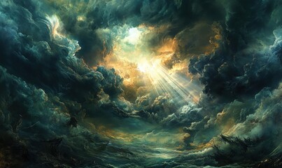 Obraz premium Dramatic sky filled with turbulent clouds and a glimpse of light.