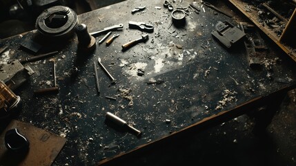 Dusty workbench filled with tools and debris