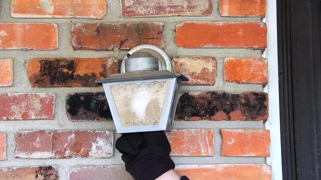 Male Hand Wearing Black Glove Removes Light Buld From Old Style Outdoor Light On A Brick Wall