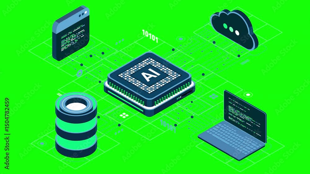 Fototapete Isometric artificial intelligence chip animation. Artificial Intelligence server. Futuristic microchip processor. Isometric cloud computing. 4K video animated in isometric style
