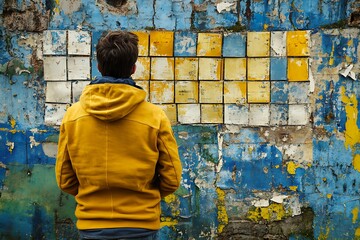 Contemplative Man Before a Weathered Tile Mosaic Wall