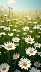 Endless field of blooming daisies, seamless texture, background, texture, white