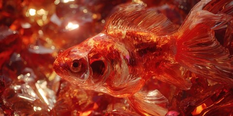 Translucent red fish within a fiery amber matrix.