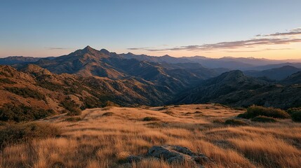 High mountain range panorama at golden hour.