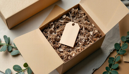 Open gift box with kraft paper filling and blank tag on table  