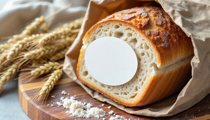Freshly baked bread in paper bag on wooden board with wheat  