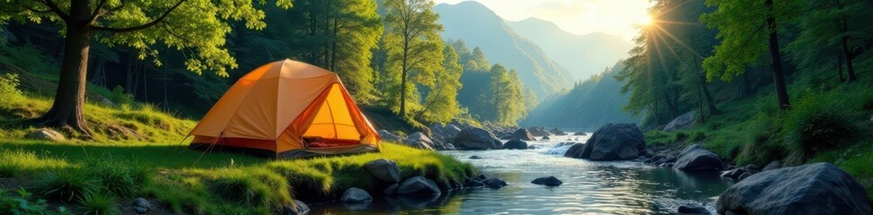 Spacious dome tent by flowing river, lush forest, vacation, stream, backpacking